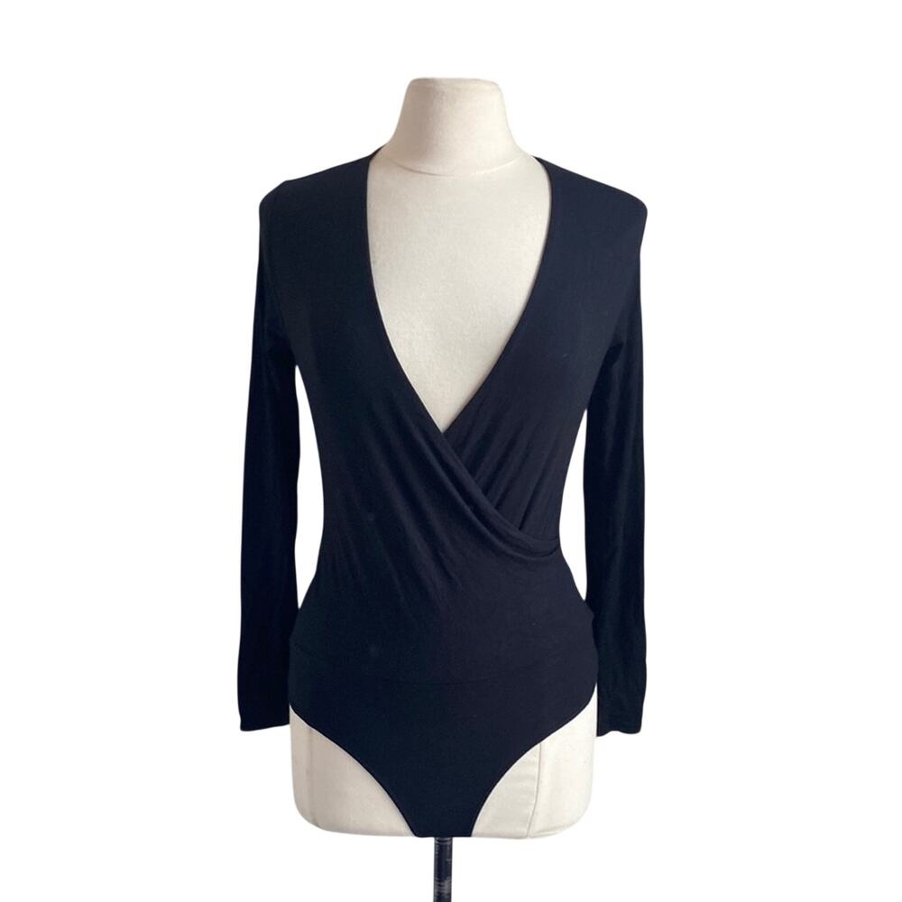 J. CREW Bodysuit Womens Sz Small Black Faux Wrap Long Sleeve Snap Close Deep V